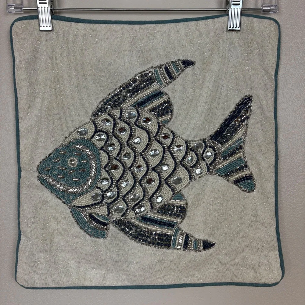 Pier One Beaded Fish‎ Pillow Sham Square 14x14 Blue Cream Sparkly Sequin Beach